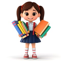A cheerful young girl in school attire joyfully holds a vibrant stack of books. Her big smile and playful pose embody excitement for learning and education.