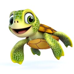 A cheerful cartoon turtle swims joyfully in bright blue water, showcasing a vibrant underwater scene perfect for children's themes and aquatic illustrations.
