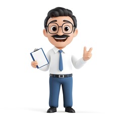 A cheerful cartoon businessman with glasses and a clipboard makes a positive gesture. Ideal for themes of success, business engagement, and professionalism.