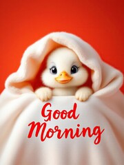A cute duckling wrapped in a white blanket with a red background and good morning text overlayed image