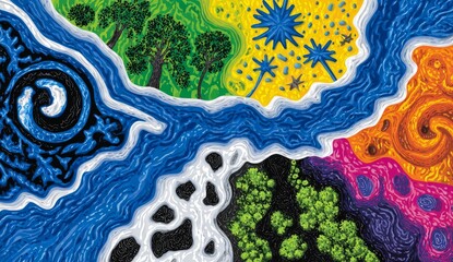 Vibrant depiction of diverse climate zones in a generated landscape