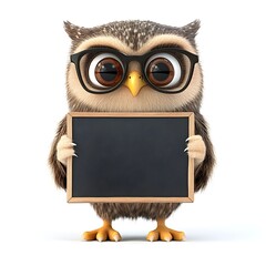 Adorable owl character with glasses holding a chalkboard sign, perfect for educational themes, creative projects, or lighthearted illustrations. This charming animal combines fun and intellect.