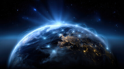 Digital continents outlined by glowing points and connected by radiant blue data streams Generative AI	
