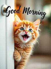 Ginger kitten saying good morning while peeking around a door with bright blue eyes and fluffy fur