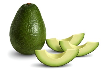 Whole avocado and slices isolated on white background in a studio shot
