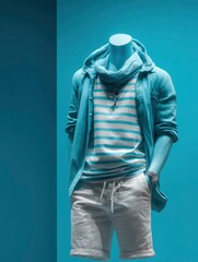 A mannequin displays a casual outfit a striped tee light shirt white shorts and a necklace