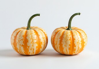 Two striped pumpkins isolated on white background in a studio shot