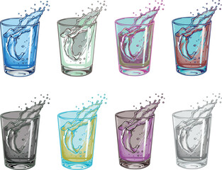 Collection of Abstract Water Splashes in Various Colored Glasses
