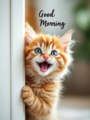 Orange kitten with green eyes peeking around a white door with good morning text above it smiling