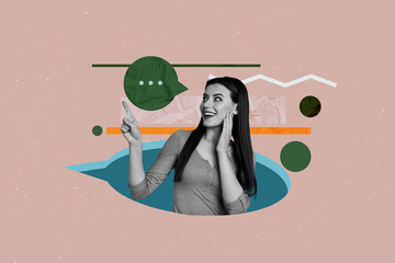 Creative full artwork collage of happy girl stand bubble communication icon chatterbox conversation...