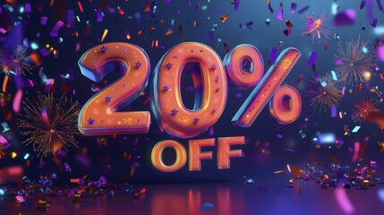 Eye Catching 20 Percent Off Sale Promotion with Confetti and Fireworks