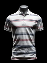 A mannequin displays a horizontally striped polo shirt