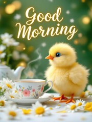 A fluffy chick with a teacup and daisies with good morning text in a dreamy background