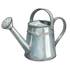 Isolated Illustration of Silver Metal Watering Can for Garden on Transparent