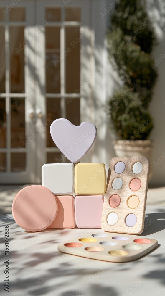 Poster a table is adorned with pastel-colored wooden blocks and shapes arranged in a deliberate pattern
