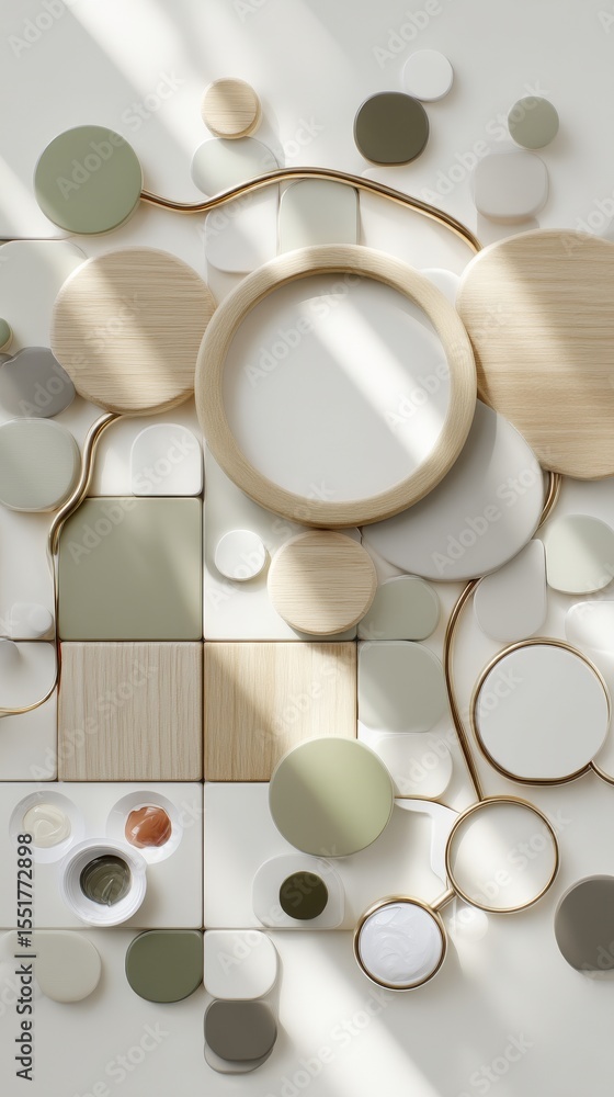 Poster wooden blocks and shapes of pastel colors are arranged in a specific design on a table