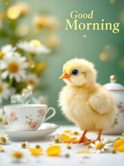 A fluffy yellow chick stands near a teacup and daisies with a good morning message in the background
