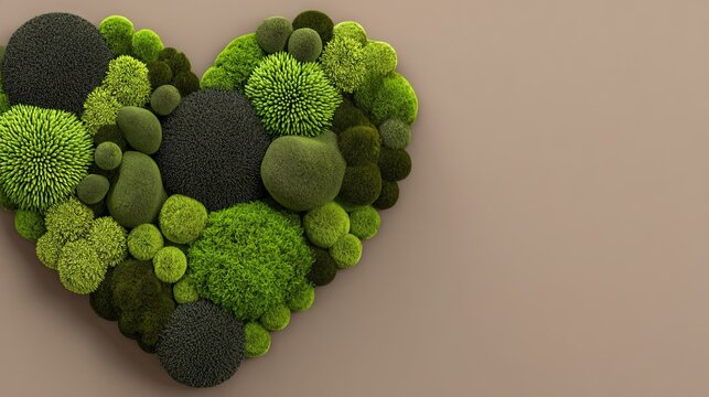 On Arbor Day, a heart-shaped dense green forest is symbolized in the center, representing love and preservation of nature, as seen from an elegant drone view