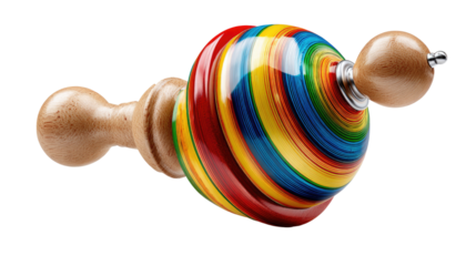 Rainbow Spinning Top: A vibrant, hand-crafted spinning top with rainbow stripes and wooden handles.  A playful toy, full of color and nostalgic charm.
