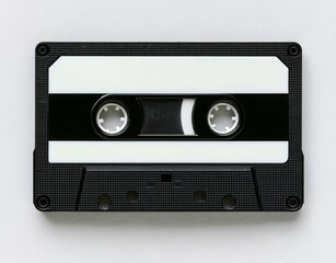 Obraz premium A vintage audio cassette tape is shown from above, set against a white background, embodying a classic black and white retro aesthetic, symbolizing music playback on outdated stereos, and evoking