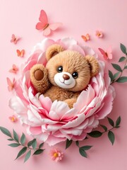 A teddy bear sitting inside a pink flower surrounded by butterflies on a pink background art