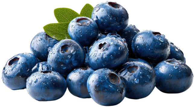 Fresh Blueberry Bounty: A vibrant display of freshly picked blueberries, their deep blue skins glistening with tiny droplets, alongside delicate green leaves.