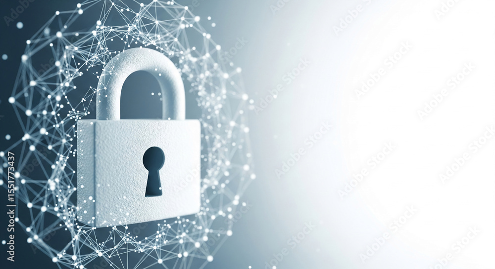 Poster white padlock surrounded by network nodes, set against a light gray background large free space idea