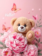 A teddy bear surrounded by pink peonies and butterflies against a pink background with hello text