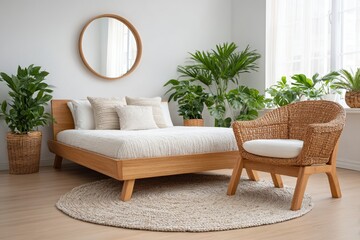 The bed will be topped with a mockup frame, surrounded by green plants that embody the concept of biophilic interior design, stock stock