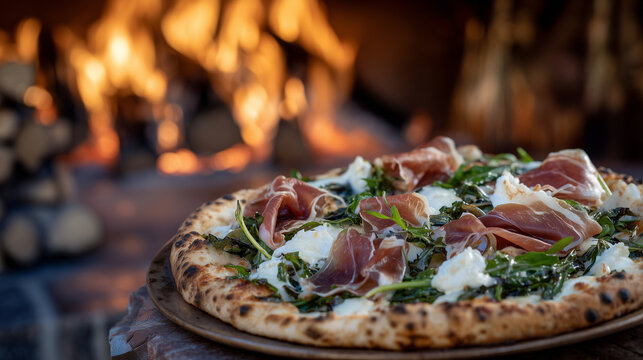 Thin-crust pizza with prosciutto, arugula, and melted mozzarella sizzling on a pizza peel, fire burning behind in a brick-lined wood-fired oven, wood logs crackling and glowing wit