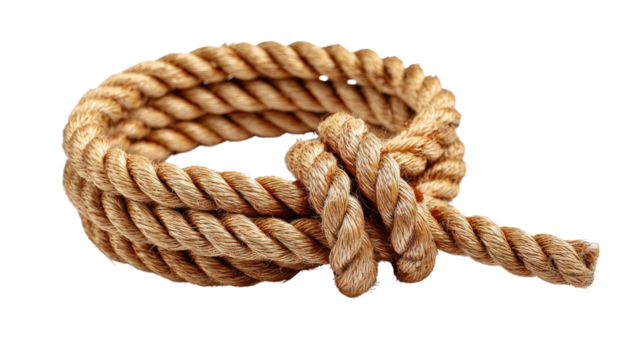 Coiled Rope: A sturdy, natural fiber rope, tightly coiled, presenting a strong symbol of strength and resilience. The texture is rough, the image is rich in detail and color.