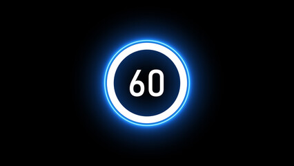 Real time 60 seconds countdown clock neon isolated on black background
