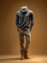 Fototapeta premium A mannequin dressed in gray cowl neck shirt light denim jeans and brown boots