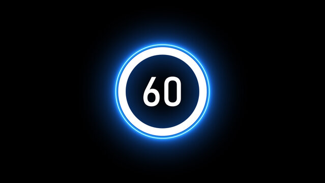 Real time 60 seconds countdown clock neon isolated on black background