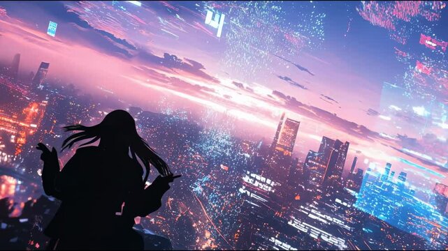 Woman in futuristic cityscape, gazing at holographic interfaces, vibrant colors, digital themes, room for text.