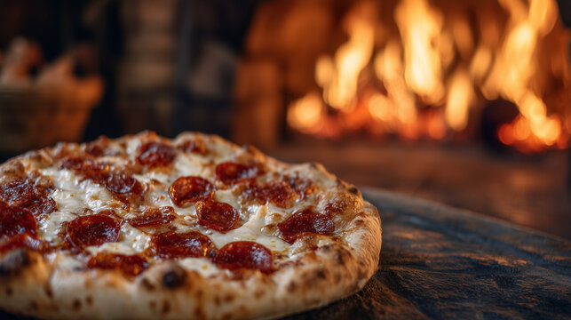Delicious pepperoni pizza with mozzarella oozing between spicy slices, crust puffed and blistered, set in front of a traditional Italian oven with intense fire glowing warmly behin