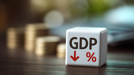 GDP Decline Concept with White Cube and Downward Arrow, Economic Recession Indicator, Gross Domestic Product Decrease Visualization, Financial Market Downturn Symbol