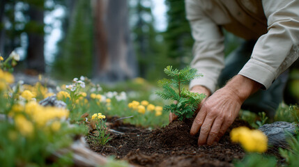 A close-up shot shows a conservationist's hand carefully planting a small sapling Generative AI	
