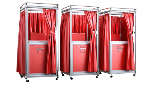 Three Voting Booths: Three individual voting booths with red curtains and silver frames stand ready for voters.