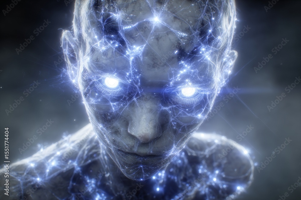 Poster the concept of stock is represented by a human face in blue colors, created using generative ai