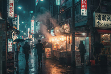 Night market in a bustling city filled with food stalls and people walking under umbrellas during a rainy evening. Generative AI