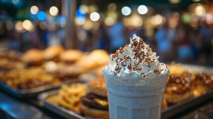 Cozy fast food booth scene with a milkshake topped with whipped cream and sprinkles in the foreground, blurred trays with nuggets, burgers, and fries shared by smiling people behin