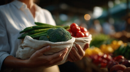 A person, diverse, gently places vibrant, unpackaged organic vegetables Generative AI	
