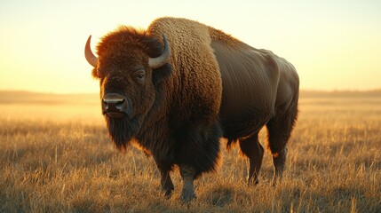Majestic bison in golden sunrise field