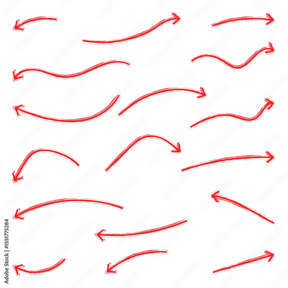 Poster red crayon arrow doodles collection - hand sketched curved lines, round swirls, pointers. artistic s