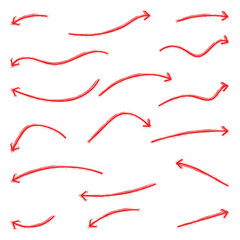 Red crayon arrow doodles collection - hand sketched curved lines, round swirls, pointers. Artistic scribbles, design elements set.