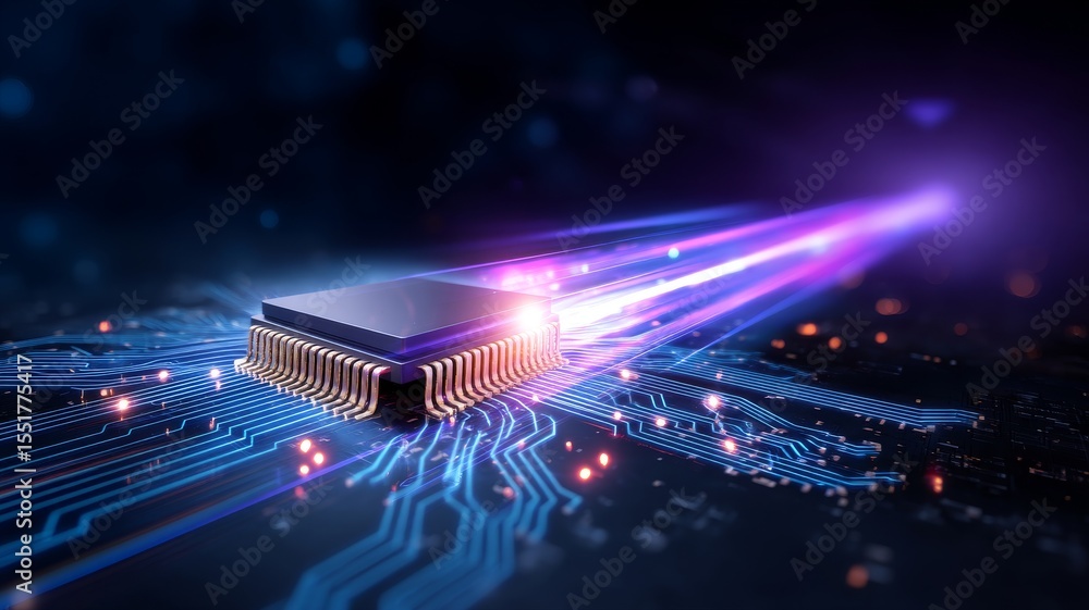 Poster futuristic microchip with light trails on digital circuit board background