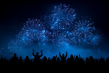firworks blue celebration over crowd at night, patriotic or new year festive event with vibrant sky