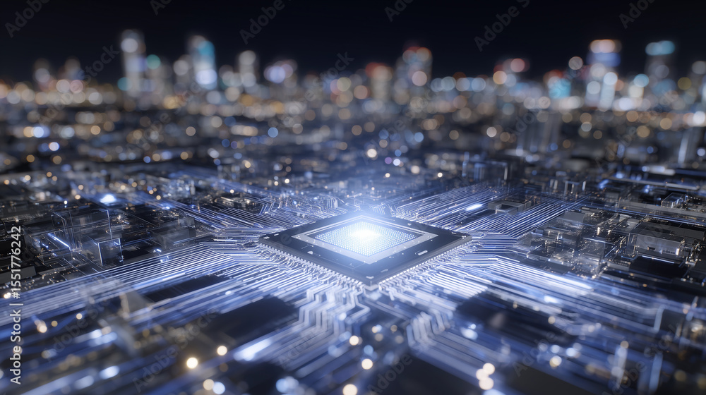 Poster futuristic illustration of a digital banking network, central cpu glowing at the heart of a complex 