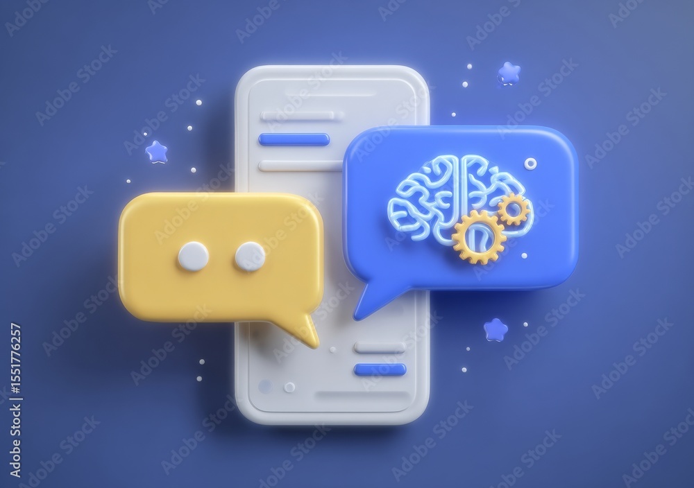 Poster in a digital setting with a blue background, a human engages in conversation with an intelligent ai 